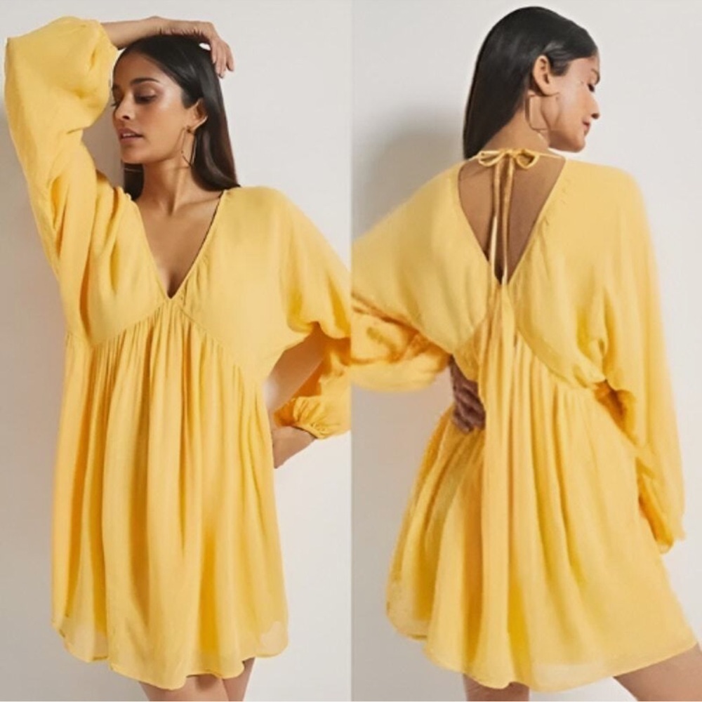 Anthropologie Let Me Be Boho Deep V-Neck Balloon Sleeve Yellow Dress Size XL